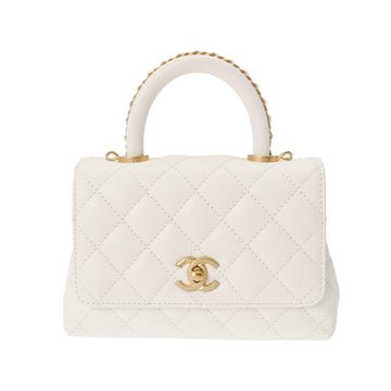CHANEL Matelasse Coco Handle XXS Chain White AS2215 Women's Caviar Skin Handbag