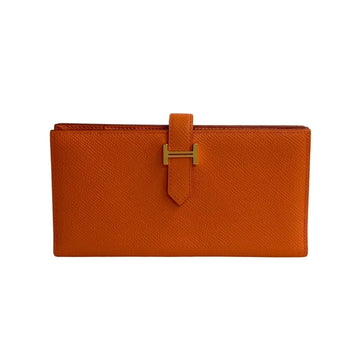 HERMES Bear Souffle Epson Leather Long Wallet Orange 74076