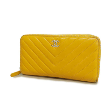 CHANEL Long Wallet V Stitch Lambskin Yellow Women's