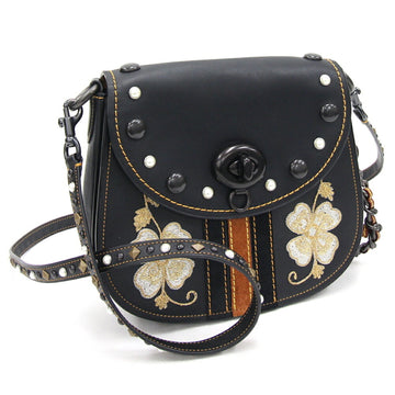 COACH Shoulder Bag 861716 Black Leather Embroidery Flower Studs Women's