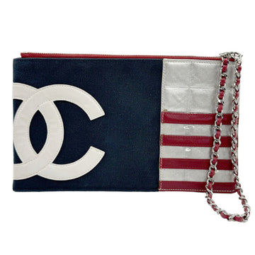 CHANEL Pouch Canvas Leather White x Navy Silver Red Women's z1066
