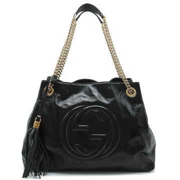 GUCCI Soho Interlocking G Chain Bag Shoulder Tote Patent Leather Black 308982