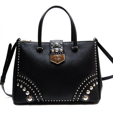 PRADA Handbag Shoulder Bag Studded Leather/Metal Black/Silver Ladies