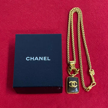 CHANEL 97A Engraved Coco Mark Wood Necklace Pendant Gold 32739