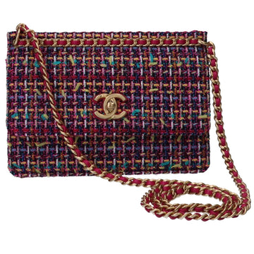 CHANEL Tweed G Metal Fittings Coco Mark Chain Shoulder Bag Raspberry MIX Women's