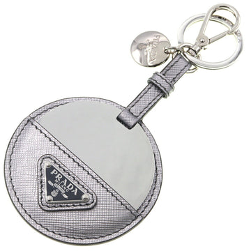 PRADA Key Holder Silver Grey Leather Bag Charm Ring Mirror Women's