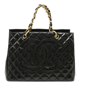 CHANEL Matelasse Coco Mark Chain Bag Tote Handbag Patent Leather Black