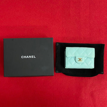 CHANEL Matelasse Coco Mark Matte Caviar Skin Leather Tri-fold Wallet Light Blue 30271