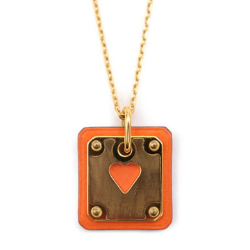 HERMES As de Coeur PM Necklace Swift Metal Orange Brown Gold Ace of Hearts Pendant U Engraved