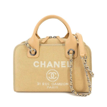 CHANEL Deauville Bowling 2way Hand Chain Shoulder Bag Canvas Leather Beige A92749
