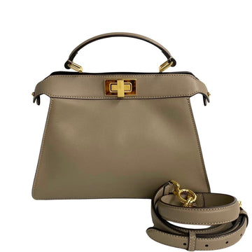FENDI Peekaboo Turnlock Leather 2way Handbag Shoulder Bag Greige 13208