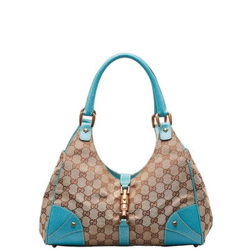 GUCCI GG Canvas New Jackie Handbag 124407 Beige Light Blue Leather Women's