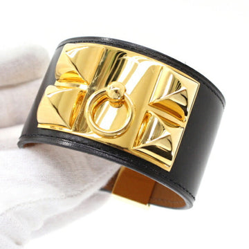 HERMES Collier de Chien Bracelet Bangle Black S Size X Engraved Calf Leather Men Women  Fashion KM2662