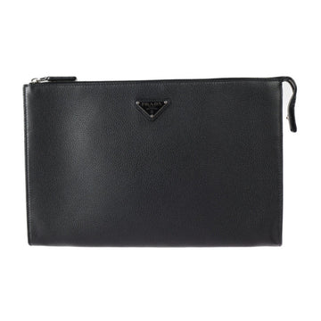 PRADA Clutch Bag Second 2VN014 Calf Leather Black Pouch Triangle Plate
