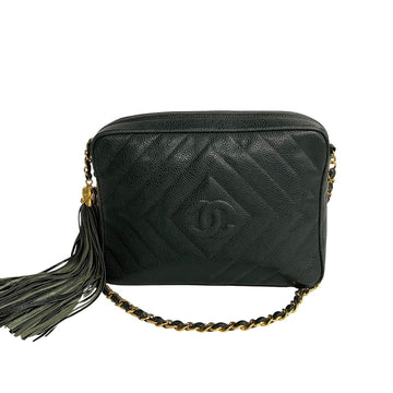 CHANEL Caviar Skin Leather Chain Shoulder Bag Pochette Green 66127