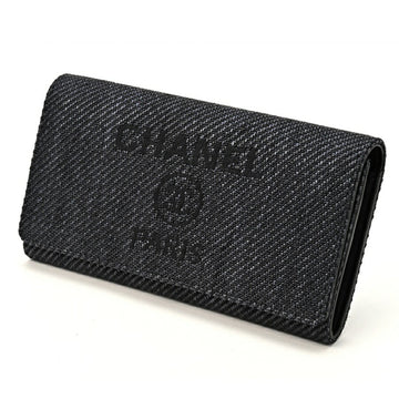 CHANEL Deauville Long Flap Wallet A81976 Canvas/Leather Black 69950