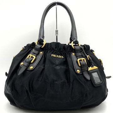 PRADA handbag, gathered, embroidered, black, nylon, leather, women's,