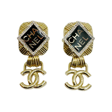 CHANEL Earrings Coco Mark D21A Rhinestone Gold Black Women's