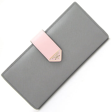 PRADA Bifold Long Wallet 1MV025 Gray Light Pink Leather Ladies Triangle