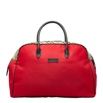 BURBERRY Nova Check Boston Bag Travel Red Multicolor Nylon Leather Women's