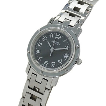 HERMES Watch Ladies Clipper Date Quartz Stainless Steel SS CL4.210 Silver Gray Round Polished