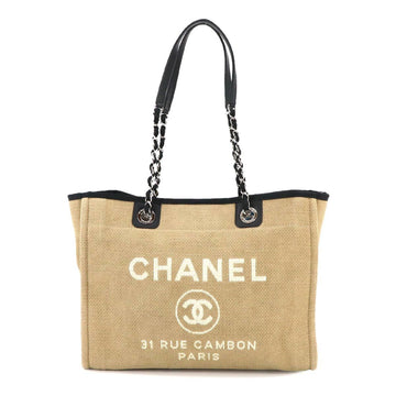 CHANEL Deauville MM Chain Canvas Beige A67001 Silver Hardware Tote Bag