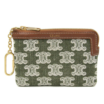 CELINE Triomphe Embroidered Textile With Key Ring Women's Leather,Canvas Coin Purse/coin Case Brown,Khaki