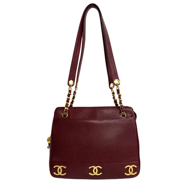 CHANEL Triple Coco Caviar Skin Mark Metal Fittings Leather Chain Tote Bag Bordeaux 16858