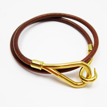 HERMES Bracelet Choker Necklace Jumbo Leather Metal Brown Gold Women's w0347g