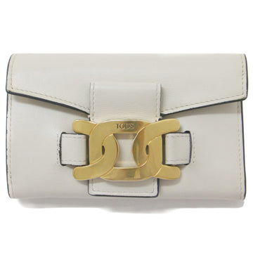TOD'S TODS Wallet Bifold Chain Motif Metal Flap Leather White Gold Ladies