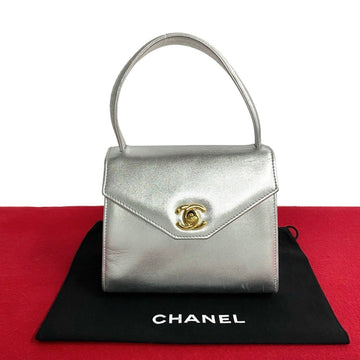 CHANEL Coco Mark Turnlock Metallic Leather Handbag Silver 33925