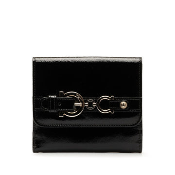 SALVATORE FERRAGAMO Gancini Bi-fold Wallet Compact Black Silver Patent Leather Women's