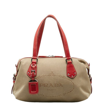PRADA Jacquard Handbag Khaki Beige Red Canvas Leather Women's