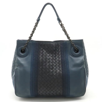BOTTEGA VENETA Intrecciato Embroidered Shoulder Bag Chain Tote Leather Blue Gray
