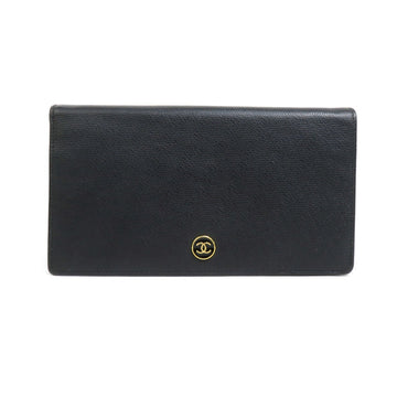 CHANEL Bi-fold Wallet Coco Button Leather Black Women's