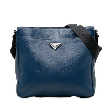PRADA Triangle Plate Shoulder Bag VA1086 Blue Black Leather Women's