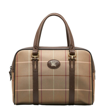 BURBERRY Check Handbag Boston Bag Khaki Brown Canvas Leather Women's