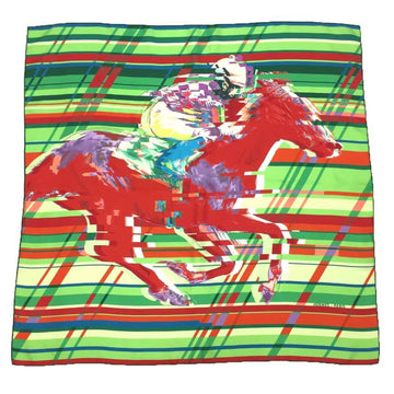 HERMES Scarf Muffler Carre 90 PHOTO FINISH Jockey Horse 100% Silk Green x Red