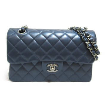 CHANEL Matelasse W Flap Chain Shoulder Bag Navy Metallic blue Lambskin [sheep leather] A01113