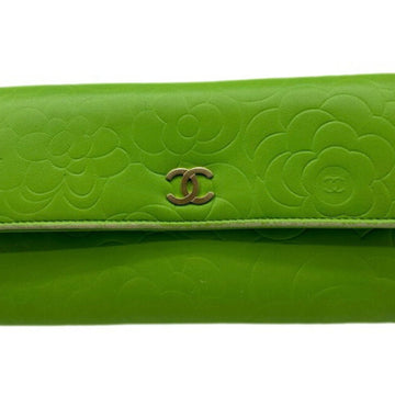 CHANEL Wallet Camellia Long Green Leather Coin Purse Rarei Ladies