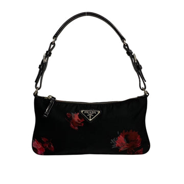 PRADA triangular metal fittings flower nylon leather handbag pouch black red 24710