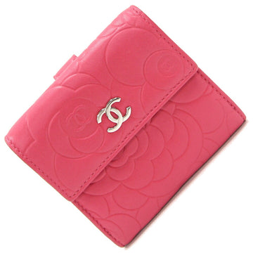 CHANEL W Wallet Camellia Pink Leather Double Sided Compact Coco Mark Women's