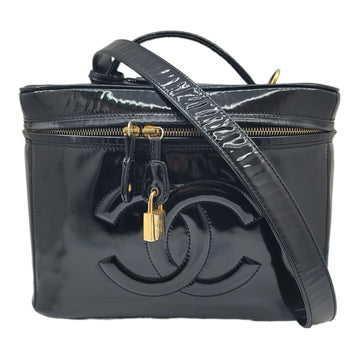 CHANEL Vanity Enamel Patent Black Handbag Gold Women's Men's