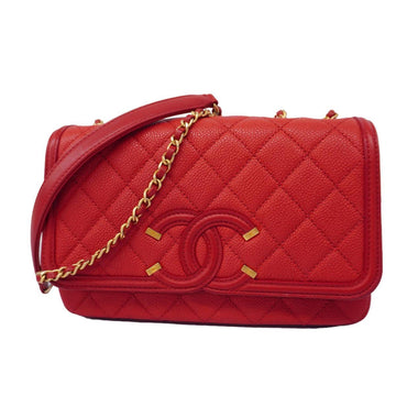CHANEL Shoulder Bag CC Filigree W Chain Caviar Skin Red Women's