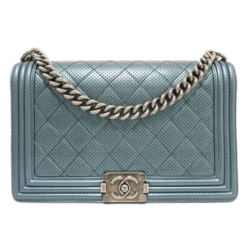CHANEL Boy  Large Chain Shoulder A92193 Bag Metallic Blue Perforated Leather Women Men