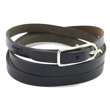 HERMES Bracelet API1 Black Leather 3-Ply Belt Bangle Women's Men's