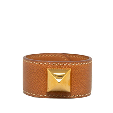 HERMES Medor Bracelet Bangle Brown Gold Leather Plated Women's