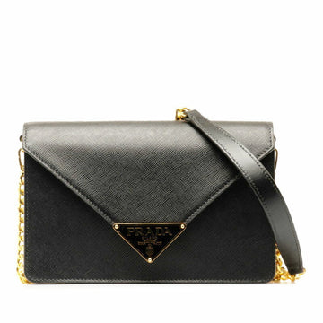 PRADA Saffiano Triangle Plate Chain Shoulder Bag 1BD318 Black Gold Leather Women's