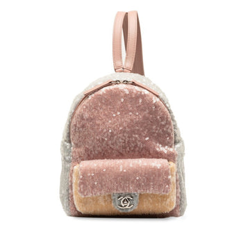 CHANEL Coco Mark Backpack Pink Grey Sequin Leather Women's