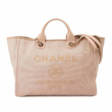 CHANEL Deauville Large 2way Chain Tote Shoulder Bag Canvas Leather Pink A66941